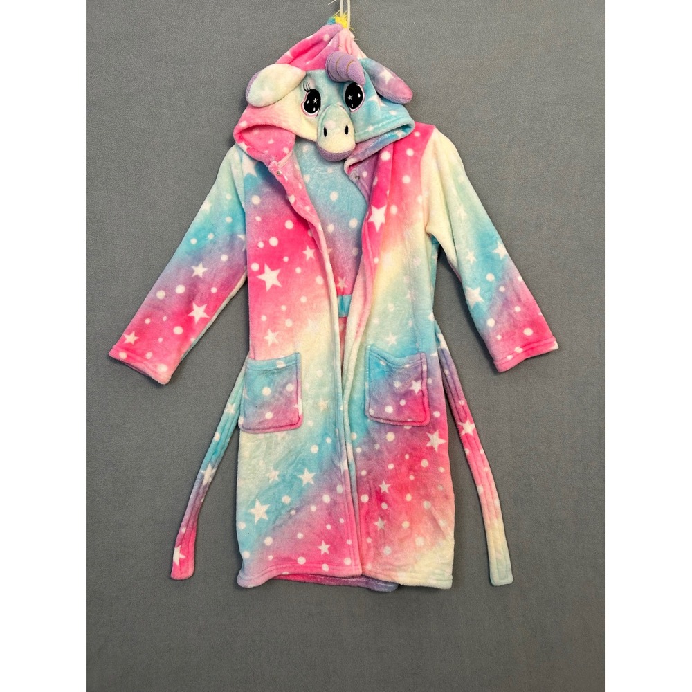 Rainbow Unicorn Kids Robe Hooded Galaxy Star Plush Bathrobe Pink Blue
